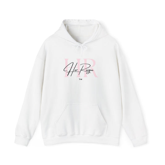 Her Reign Hoodie — Feminine Script Logo Pullover (Pink Accent)